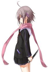 Rule 34 | 1girl, ahoge, arm behind back, closed mouth, from side, grey hair, hair ornament, hand up, highres, holding, holding weapon, kurofuti, left-handed, looking at viewer, midare toushirou (tenka hyakken), purple eyes, purple scarf, purple trim, red ribbon, reverse grip, ribbon, sailor collar, scarf, short hair, short sword, skirt, solo, sword, tantou, tenka hyakken, weapon, white background