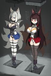 Rule 34 | 2girls, absurdres, akagi (azur lane), ameng (katena1990), animal ears, arms behind back, azur lane, bdsm, black panties, blue eyes, blue skirt, bondage, bound, breasts, brown hair, cleavage, cleave gag, cloth gag, crotch rope, fox ears, fox tail, full body, gag, gagged, grey background, high heels, highres, improvised gag, kaga (azur lane), kitsune, large breasts, long hair, long sleeves, miniskirt, multiple girls, multiple tails, panties, pleated skirt, pubic tattoo, red eyes, red skirt, rope, shibari, shibari over clothes, short hair, simple background, skirt, suspension, tail, tattoo, thighhighs, torn clothes, underwear, weights, white hair, white panties