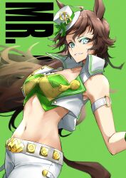 Rule 34 | 1girl, ahoge, animal ears, arm strap, bare shoulders, blue eyes, breasts, brown hair, commentary request, cowboy shot, crop top, green background, green shirt, grin, hat, highres, horse ears, long hair, looking at viewer, luna (gkluna mas), midriff, mr. c.b. (umamusume), navel, pants, shirt, simple background, small breasts, smile, solo, standing, stomach, strapless, strapless shirt, top hat, umamusume, very long hair, vest, white hat, white pants, white vest