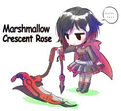 Rule 34 | ..., 1girl, boots, cape, chibi, crescent rose, iesupa, inflatable toy, pantyhose, ruby rose, rwby, scythe, solo, speech bubble, sweatdrop