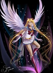 Rule 34 | 1990s (style), 1girl, angel wings, bad id, bad pixiv id, bishoujo senshi sailor moon, blue eyes, blue sailor collar, boots, bow, brooch, elbow gloves, full body, gloves, heart, heart brooch, jewelry, long hair, multicolored clothes, multicolored skirt, red bow, red footwear, retro artstyle, sailor collar, sailor moon, samia escorcio, signature, skirt, solo, super sailor moon, tiara, tsukino usagi, very long hair, white gloves, wings