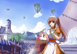 Rule 34 | 1boy, 2girls, absurdres, apron, armor, bird, bird nest, blossom (ragnarok online), blue cape, blush, brown dress, brown hair, building, cape, city, clipboard, cloud, collared dress, commentary request, cowboy shot, day, dress, floating island, fountain, full body, gloves, hair between eyes, high ponytail, highres, holding, holding clipboard, holding pencil, house, in-universe location, kafra uniform, long hair, looking to the side, maid, maid headdress, mailbox (incoming mail), market, mountain, multiple girls, open mouth, outdoors, painttool sai (medium), paladin (ragnarok online), palm tree, pauldrons, pencil, puffy short sleeves, puffy sleeves, ragnarok online, red sash, sash, short sleeves, shoulder armor, sky, solo focus, stairs, standing, tianyu jifeng, tree, water, waterfall, white apron, white gloves