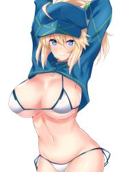 Rule 34 | 1girl, ahoge, arms up, artoria pendragon (fate), baseball cap, bikini, blonde hair, blue eyes, blue hat, blush, breasts, cleavage, closed mouth, commentary request, fate/grand order, fate (series), hair between eyes, hat, highres, hip focus, large breasts, long hair, looking at viewer, mysterious heroine x (fate), mysterious heroine xx (fate), navel, ponytail, sankakusui, shrug (clothing), side-tie bikini bottom, simple background, smile, solo, swimsuit, white background, white bikini, zipper pull tab