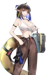 Rule 34 | 1girl, absurdres, arknights, arm strap, bare arms, bare shoulders, black hair, blue eyes, blue hair, breasts, brown pants, camisole, cleavage, commentary request, cowboy shot, crop top, eugle na, eunectes (arknights), eunectes (forgemaster) (arknights), gloves, unworn gloves, highres, large breasts, medium hair, midriff, multicolored hair, navel, official alternate costume, pants, partial commentary, pointy ears, rim billiton logo, simple background, snake tail, solo, spaghetti strap, standing, stomach, tail, white background