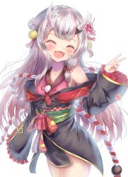 Rule 34 | 1girl, :d, ^ ^, bare shoulders, bell, black kimono, blush stickers, closed eyes, double bun, fang, frilled sleeves, frills, gold trim, gradient hair, hair bell, hair bun, hair ornament, highres, hololive, horns, japanese clothes, jingle bell, kimono, kouhaku nawa, long hair, long sleeves, mask, mask on head, multicolored hair, nakiri ayame, nakiri ayame (1st costume), obi, off shoulder, oni, oni mask, open mouth, rappi, red hair, rope, sash, shimenawa, short kimono, sidelocks, silver hair, simple background, skin-covered horns, skin fang, smile, solo, streaked hair, tassel, two side up, v, virtual youtuber, white background, wide sleeves, |d
