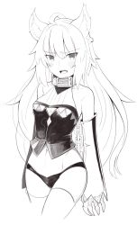 Rule 34 | 1girl, absurdres, ahoge, atalanta (fate), atalanta alter (fate), atalanta alter (first ascension) (fate), bare shoulders, belt collar, blush, boa (brianoa), braid, chain, claws, collar, cowboy shot, detached sleeves, fate/apocrypha, fate (series), french braid, greyscale, highres, long hair, looking at viewer, monochrome, navel, open mouth, panties, simple background, solo, standing, thighhighs, underwear, very long hair, vest, white background