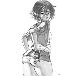 Rule 34 | artist request, ass, big hero 6, blush, breasts, fingerless gloves, gloves, gogo tomago, monochrome, panties, pantyshot, short hair, skirt, small breasts, standing, tagme, underwear
