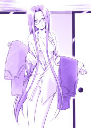 Rule 34 | 00s, 1girl, bottomless, breasts, dress shirt, dressing, fate/stay night, fate (series), glasses, groin, long hair, medusa (fate), medusa (rider) (fate), monochrome, naked shirt, no bra, open clothes, open shirt, pants, ponytail, purple theme, shirt, smile, solo, square pupils, very long hair