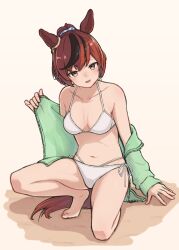 Rule 34 | 1girl, absurdres, alternate costume, animal ears, bare shoulders, bikini, blush, breasts, brown eyes, cleavage, cocoa inryo, collarbone, commentary request, ear ornament, green sweater, highres, horse ears, horse girl, horse tail, kneeling, medium breasts, navel, nice nature (umamusume), ocean, ponytail, red hair, sand, side-tie bikini bottom, simple background, smile, solo, sweater, swimsuit, tail, umamusume, water, white background, white bikini