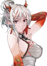 Rule 34 | 1girl, arknights, chinese clothes, female focus, horns, jannong, looking at viewer, nian (arknights), pointy ears, purple eyes, solo, tattoo, upper body, white hair