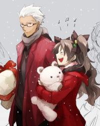 Rule 34 | 1boy, 1girl, archer (fate), bespectacled, brown hair, couple, dark skin, dark-skinned male, fate/stay night, fate (series), glasses, height difference, long hair, music, musical note, nakahara (mu tation), scarf, short hair, singing, stuffed animal, stuffed toy, teddy bear, tohsaka rin, two side up, white hair, winter