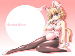 Rule 34 | 1girl, ahoge, animal ears, bare shoulders, black pantyhose, blonde hair, blush, bow, bowtie, breasts, cat ears, cat tail, cleavage, detached collar, eating, fake animal ears, female focus, food, full body, gradient background, hairband, head tilt, high heels, large breasts, legs, leotard, looking at viewer, mochi, original, pantyhose, pink background, playboy bunny, pudding (tonpuu), purple eyes, rabbit ears, ribbon, shadow, shiny clothes, shoes, short hair, sitting, solo, tail, thighs, tonpuu, two side up, wagashi, wrist cuffs