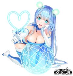 Rule 34 | 1girl, bare shoulders, blue eyes, blue hair, blush, boots, breasts, cleavage, commentary request, elbow gloves, full body, gloves, heart, highres, kerchief, kneeling, logo, long hair, looking at viewer, medium breasts, miniskirt, neon trim, official art, open mouth, re:shimashima, see-through, shiny clothes, simple background, skirt, smile, solo, thigh boots, thighhighs, tokyo exe girls, white background