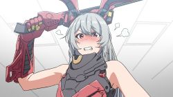 Rule 34 | 1girl, blade, blush, charolic (girls&#039; frontline 2), commission, embarrassed, girls&#039; frontline 2: exilium, grey hair, grin, highres, long hair, mouth hold, pixiv commission, red eyes, smile, solo, teeth hold, triangle bullet, very long hair