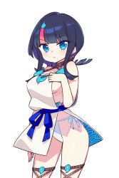 Rule 34 | 1girl, bare shoulders, black hair, blue eyes, blue ribbon, blush, breasts, chan co, collarbone, detached leggings, dress, fate/grand order, fate/requiem, fate (series), fundoshi, hand on own chest, japanese clothes, jewelry, large breasts, long sleeves, looking at viewer, magatama, magatama hair ornament, medium hair, multicolored hair, necklace, open mouth, pelvic curtain, pink hair, puffy long sleeves, puffy sleeves, ribbon, seigaiha, short dress, sideboob, sideless outfit, simple background, streaked hair, thigh strap, thighs, two-sided fabric, two-sided skirt, utsumi erice, white background, white dress