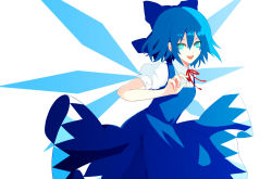 Rule 34 | 1girl, 60mai, aqua eyes, bad id, bad pixiv id, blue hair, bow, cirno, detached wings, hair bow, ice, ice wings, open mouth, puffy sleeves, short hair, short sleeves, solo, touhou, wings