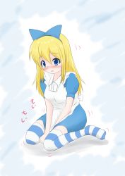 Rule 34 | 1girl, absurdres, alice (alice in wonderland), alice in wonderland, apron, between legs, blonde hair, blue background, blue dress, blue eyes, blue headband, blue thighhighs, blush, breasts, dress, embarrassed, female focus, full body, hair between eyes, hand between legs, have to pee, headband, highres, japanese text, long hair, nose blush, open mouth, puffy short sleeves, puffy sleeves, short sleeves, simple background, sitting, small breasts, solo, striped clothes, striped thighhighs, sweat, thighhighs, toby (pixiv 8804205), translation request, trembling, wariza, white apron