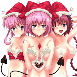 Rule 34 | 3girls, ;d, armpits, arms behind head, arms up, bad id, bad pixiv id, between breasts, blue eyes, blush, body blush, braid, breast envy, breasts, breasts squeezed together, christmas, cream, curly hair, demon tail, english text, food, food on body, frown, fruit, hair ornament, hat, heart, kurosaki mea, large breasts, light smile, long hair, maroon hair, merry christmas, midriff, momo velia deviluke, multiple girls, nana asta deviluke, navel, nude, one eye closed, open mouth, pink hair, purple eyes, red hair, santa hat, short hair, siblings, side braid, simple background, sisters, smile, strawberry, tail, to love-ru, twins, twintails, upper body, very long hair, white background