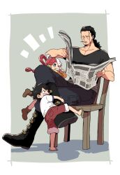 Rule 34 | 1girl, 2boys, age difference, aged down, benn beckman, black hair, boots, border, cigarette, commentary request, crossed legs, full body, hair over one eye, headphones, highres, holding, holding newspaper, looking at another, looking up, loose hair strand, monkey d. luffy, multicolored hair, multiple boys, newspaper, notice lines, official alternate costume, one piece, outside border, pants, red hair, red shorts, sandals, shirt, shorts, sitting, t-shirt, tanaka (tanakya123), two-tone hair, uta (one piece), white border, white hair