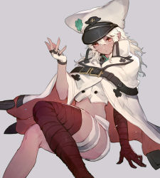 Rule 34 | 1girl, arm support, arm up, bandaged arm, bandaged leg, bandages, breasts, cape, dark-skinned female, dark skin, feet out of frame, fingerless gloves, gloves, grey background, guilty gear, guilty gear strive, hair between eyes, hat, highres, invisible chair, long hair, looking at viewer, medium breasts, midriff, midriff peek, navel, open mouth, oro (sumakaita), parted lips, platinum blonde hair, ramlethal valentine, shirt, short shorts, shorts, simple background, sitting, solo, white cape, white gloves, white hair, white hat, white shirt, white shorts, yellow eyes