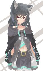 Rule 34 | 1girl, absurdres, amato 0321, animal ears, black hair, black skirt, braid, frilled skirt, frills, highres, hood, hood down, lily linglan, long sleeves, looking at viewer, open clothes, red eyes, short hair, skirt, smile, the box (vtuber), twin braids, virtual youtuber, wolf ears, wolf girl