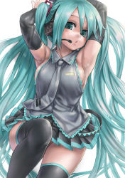 Rule 34 | 1girl, :o, armpits, asanagi, black thighhighs, breasts, elbow gloves, gloves, green eyes, green hair, hatsune miku, headphones, headset, large breasts, long hair, looking at viewer, matching hair/eyes, microphone, open mouth, pleated skirt, skirt, solo, thighhighs, twintails, very long hair, vocaloid, zettai ryouiki