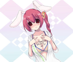 Rule 34 | 1girl, animal ears, blush, breasts, rabbit ears, cleavage, flower, milestone celebration, large breasts, open clothes, original, pink hair, red eyes, side ponytail, solo, yuu (pythagoras+)