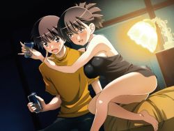 Rule 34 | 00s, 1boy, 1girl, ass, bare shoulders, barefoot, bed, black eyes, blush, breasts, brown eyes, brown hair, cup, drink, drunk, dutch angle, feet, game cg, green green, hetero, hug, iino chigusa, indoors, large breasts, legs, lingerie, open mouth, short hair, sitting, smile, teacher, teacher and student, thighs, toes, underwear