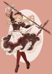 Rule 34 | apron, beret, blonde hair, blue eyes, commentary, frilled skirt, frills, granblue fantasy, hat, hat ribbon, high heels, highres, holding, holding polearm, holding weapon, polearm, ribbon, scarf, shimatani azu, shirt, skirt, spear, striped clothes, striped shirt, striped skirt, vertical-striped clothes, vertical-striped shirt, vertical-striped skirt, weapon, white apron, white scarf, zeta (granblue fantasy)