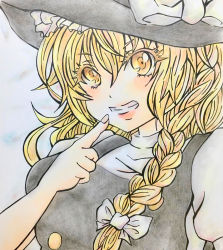Rule 34 | 0917yuka, 1girl, black hat, black vest, blonde hair, bow, braid, breasts, finger to mouth, hair between eyes, hat, hat bow, hat ribbon, highres, kirisame marisa, large breasts, large hat, looking at viewer, medium hair, open mouth, puffy short sleeves, puffy sleeves, ribbon, shirt, short sleeves, simple background, single braid, solo, teeth, touhou, traditional media, upper body, vest, white bow, white ribbon, white shirt, witch hat, yellow eyes