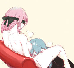 Rule 34 | 2girls, blindfold, blue hair, blush, chair, clothed female nude female, cunnilingus, closed eyes, funkid, hands on thighs, hatsune miku, heavy breathing, implied cunnilingus, long hair, megurine luka, multiple girls, nail polish, nude, oral, pink hair, sitting, sweat, vocaloid, yuri