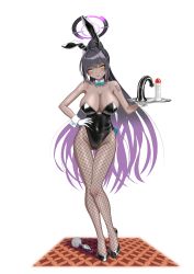 Rule 34 | 1girl, absurdres, anal tail, animal ears, bare shoulders, black footwear, black hair, black leotard, blue archive, blush, body writing, bow, bowtie, breasts, butt plug, cleavage, covered navel, curvy, dark-skinned female, dark skin, detached collar, dildo, fake animal ears, fake tail, fishnet pantyhose, fishnets, full body, gloves, halo, hand on own hip, harigane mutsumi (harigane623), highres, karin (blue archive), karin (bunny) (blue archive), leotard, long hair, looking at viewer, lotion bottle, pantyhose, playboy bunny, ponytail, purple hair, rabbit ears, sex toy, shiny clothes, shiny skin, solo, strapless, strapless leotard, sweatdrop, tail, thong leotard, traditional bowtie, tray, very long hair, white gloves, wide hips, wrist cuffs, yellow eyes