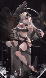 Rule 34 | 1girl, absurdres, apple, arknights, armlet, bare shoulders, barefoot, bikini, black bikini, black choker, breasts, candle, candy apple, choker, cleavage, closed mouth, flower, food, fruit, full body, grey hair, hair flower, hair ornament, highres, horns, large breasts, long hair, looking at viewer, material growth, mudrock (arknights), mudrock (silent night) (arknights), navel, oreshki, oripathy lesion (arknights), pointy ears, red eyes, sitting, solo, statue, swimsuit, tombstone, very long hair, yellow flower