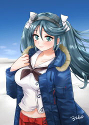 Rule 34 | 1girl, black neckerchief, blue coat, blue eyes, blue hair, blush, breasts, closed mouth, coat, day, fur-trimmed coat, fur trim, hair between eyes, hair ribbon, headgear, highres, isuzu (kancolle), kantai collection, large breasts, long hair, long sleeves, looking at viewer, neckerchief, open clothes, open coat, outdoors, pleated skirt, red skirt, ribbon, saburou 03, sailor collar, school uniform, serafuku, skirt, sky, solo, twintails, very long hair, white neckerchief, white ribbon