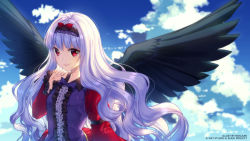 Rule 34 | 1girl, black wings, blue sky, breasts, commentary, day, dress, feathered wings, frilled dress, frilled sleeves, frills, hairband, light purple hair, long hair, looking at viewer, red eyes, rosuuri, serment -contract with a devil, sky, small breasts, smile, solo, very long hair, wings