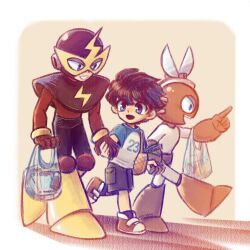 Rule 34 | 3boys, android, bag, black hair, blue eyes, cut man, elec man, highres, holding, holding bag, laser-lance, looking at another, mega man (character), mega man (classic), mega man (series), multiple boys, open mouth, plastic bag, red footwear, shoes, short hair, smile, sneakers, teeth, upper teeth only