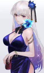 Rule 34 | 1girl, armlet, bare shoulders, blue dress, blue hair, bracelet, breasts, brooch, can, cleavage, colored inner hair, dress, earrings, fate/grand order, fate (series), flower, hair flower, hair ornament, hair ribbon, highres, jewelry, kama (fate), large breasts, long hair, looking at viewer, multicolored hair, parted lips, red eyes, revision, ribbon, side slit, solo, sparkle, tte (t ombi), two-tone hair, white hair