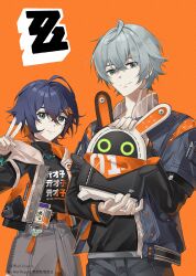 1boy 1girl absurdres bangboo_(zenless_zone_zero) belle_(zenless_zone_zero) black_shirt blue_hair brother_and_sister crossed_bangs eous_(zenless_zone_zero) green_eyes grey_hair hair_between_eyes hair_ornament highres jacket long_sleeves looking_at_viewer open_clothes shidare_(youh4016) shirt short_hair siblings smile wise_(zenless_zone_zero) zenless_zone_zero