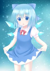 Rule 34 | 1girl, :o, bad id, bad pixiv id, blue background, blue dress, blue eyes, blue hair, cirno, clothes lift, commentary, cowboy shot, dress, gradient background, hair between eyes, hair ribbon, highres, lifted by self, looking at viewer, open mouth, pinafore dress, puffy short sleeves, puffy sleeves, red neckwear, red ribbon, ribbon, shirt, short hair, short sleeves, skirt, skirt lift, sleeveless dress, snow, snowing, solo, standing, touhou, white shirt, wings, yukina kurosaki