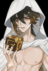 Rule 34 | 1boy, black background, black hair, brown hair, cloak, cube, diamond-shaped pupils, diamond (shape), earrings, genshin impact, hair between eyes, highres, holding, hood, hood up, hooded cloak, jewelry, long hair, looking at viewer, male focus, multicolored hair, nipples, open mouth, ponytail, shuaitofu, simple background, single earring, solo, spoilers, symbol-shaped pupils, yellow eyes, zhongli (archon) (genshin impact), zhongli (genshin impact)