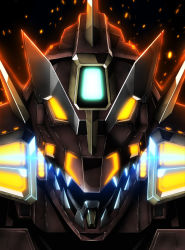 Rule 34 | backlighting, black background, close-up, embers, glowing, glowing eyes, gridman universe, highres, key visual, looking at viewer, mecha, no humans, official art, promotional art, robot, sharp teeth, ssss.dynazenon, teeth, upper body, yellow eyes