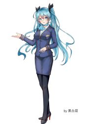 Rule 34 | 1girl, absurdres, aged up, artist name, bad id, bad pixiv id, black bow, black footwear, black pantyhose, blue eyes, blue hair, blue jacket, blue skirt, bow, breasts, collared shirt, dress shirt, floating hair, full body, hair between eyes, hair bow, hatsune miku, high heels, highres, jacket, kyudo (hysnxas), long hair, long sleeves, looking at viewer, medium breasts, miniskirt, pantyhose, parted lips, pencil skirt, pumps, shirt, simple background, skirt, solo, uniform, very long hair, vocaloid, white background, white shirt, wing collar