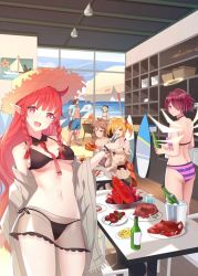 Rule 34 | 1boy, 5girls, :d, animal ears, arknights, ass, bare arms, bare shoulders, beach umbrella, bikini, black bikini, blonde hair, blue shirt, bottle, braid, breasts, brown hair, cowboy shot, crab, cup, detached collar, drinking glass, exusiai (arknights), eyjafjalla (arknights), fire, food, from behind, hair over one eye, halo, hat, head tilt, highres, horns, huziyu, ice, ice cube, ifrit (arknights), ifrit (sunburn) (arknights), indoors, kebab, long hair, looking at viewer, looking back, matterhorn (arknights), matterhorn (beach guard) (arknights), medium breasts, miniskirt, multiple girls, navel, necktie, off shoulder, official alternate costume, open clothes, open mouth, open shirt, pink bikini, pink eyes, pointy ears, purple bikini, red hair, red neckwear, see-through, shirt, short sleeves, single horn, skirt, smile, sora (arknights), sora (summer flowers) (arknights), standing, stomach, striped bikini, striped clothes, sun hat, surfboard, swimsuit, table, thighs, twin braids, twintails, umbrella, very long hair, vigna (arknights), vigna (casual vacation) (arknights), white bikini, wolf ears