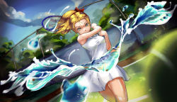 Rule 34 | 1girl, absurdres, ball, blonde hair, blue eyes, bow, breasts, commentary, day, dutch angle, english commentary, genki (book), hair bow, highres, holding, holding racket, long hair, medium breasts, motion blur, playing sports, ponytail, racket, red bow, samu (7643109), shirt, skirt, sleeveless, smile, solo, splashing, playing sports, sportswear, taut clothes, taut shirt, tennis, tennis ball, tennis racket, tennis uniform, water, white skirt