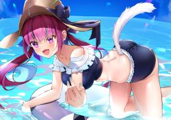 Rule 34 | 1girl, adapted costume, ahoge, all fours, anchor symbol, aqua hair, aqua nails, ass, back, bare legs, bikini, blue bikini, blush, bow, braid, breasts, brown hat, collarbone, colored inner hair, cqingwei, crown braid, day, hair ribbon, hat, hat bow, highres, hololive, innertube, long hair, looking at viewer, medium breasts, midriff, minato aqua, multicolored hair, nail polish, ocean, open mouth, outdoors, partially submerged, pink eyes, pink hair, ribbon, smile, solo, sun hat, swim ring, swimsuit, tail, thighs, twintails, two-tone hair, virtual youtuber