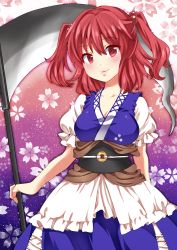 Rule 34 | 1girl, absurdres, bad id, bad pixiv id, chako (chakoxxx), cherry blossoms, hair bobbles, hair ornament, highres, japanese clothes, obi, onozuka komachi, petals, red eyes, red hair, sash, scythe, solo, touhou, twintails, two side up