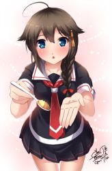 Rule 34 | 10s, 1girl, ahoge, blouse, blue eyes, braid, breasts, brown hair, chestnut mouth, food, gloves, go-it, hair flaps, hair ornament, hairclip, kantai collection, long hair, necktie, open mouth, personification, pleated skirt, school uniform, serafuku, shigure (kancolle), shigure kai ni (kancolle), shirt, short sleeves, simple background, single braid, skirt, smile, solo, spoon, text focus