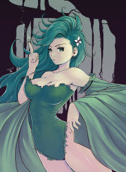 Rule 34 | 1990s (style), 1girl, bad id, bad pixiv id, breasts, cleavage, detached sleeves, earrings, final fantasy, final fantasy iv, green eyes, green hair, hair ornament, jewelry, large breasts, leotard, long hair, magic, mahito, aged up, rydia (ff4), spoilers