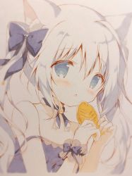 Rule 34 | 1girl, :o, animal ear fluff, animal ears, bare shoulders, blue bow, blue dress, blue eyes, blush, bow, cat ears, collarbone, commentary request, dress, food, grey background, hair between eyes, highres, holding, holding food, long hair, original, parted lips, shiratama (shiratamaco), silver hair, simple background, sleeveless, sleeveless dress, solo, strap slip, taiyaki, traditional media, twintails, wagashi, wrist cuffs