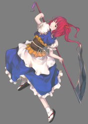 Rule 34 | 1girl, ayasaka, bad id, bad pixiv id, female focus, full body, hair bobbles, hair ornament, highres, onozuka komachi, red eyes, red hair, scythe, short hair, simple background, solo, tabi, touhou, twintails, two side up, weapon